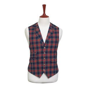 Mens Vest 44R Tartan Plaid Wool Blue Red Lapel Waistcoat Formal Wedding Party